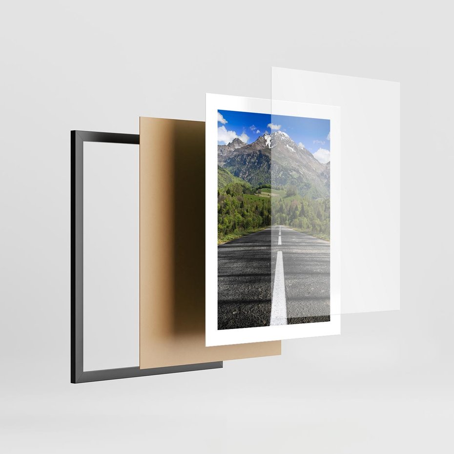 Plakat w ramie 30x40 - Droga przez góry: podróż do przygody - droga, góry - rama czarna