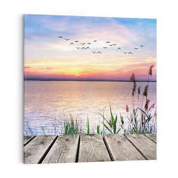 Obraz na płótnie 40x40 - Romantyczny zachód słońca nad morzem z ptakami - zachód, słońca