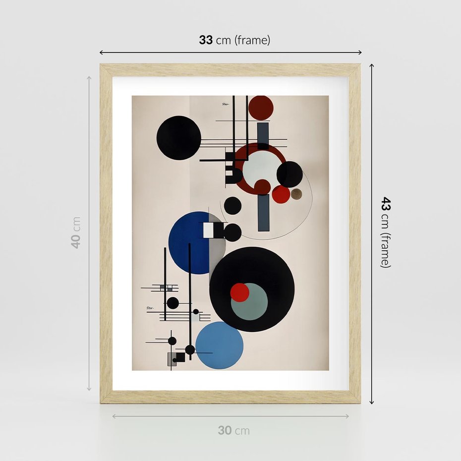 Plakat w ramie 30x40 - Rozkwitające Wibracje Wyobraźni - abstrakcyjna geometryczna kompozycja, koła linie - rama drewno