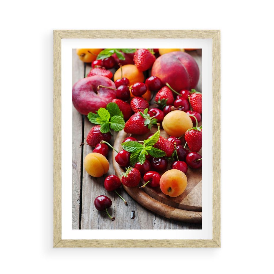 Plakat w ramie 50x70 - Owoce w restauracji artystycznie - owoce, restauracja - rama drewno