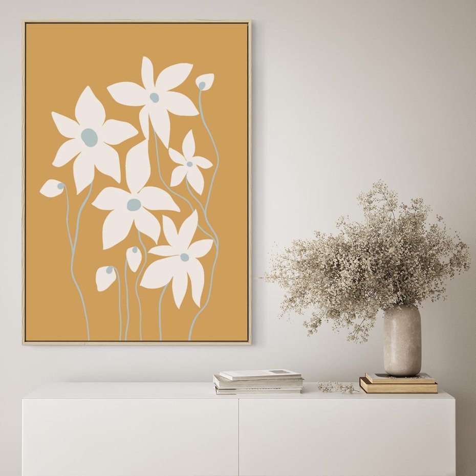 Obraz w ramie 80x120 - Kwiatowy Spektakl - minimalistyczne kwiaty, na pomarańczowym tle - rama drewno