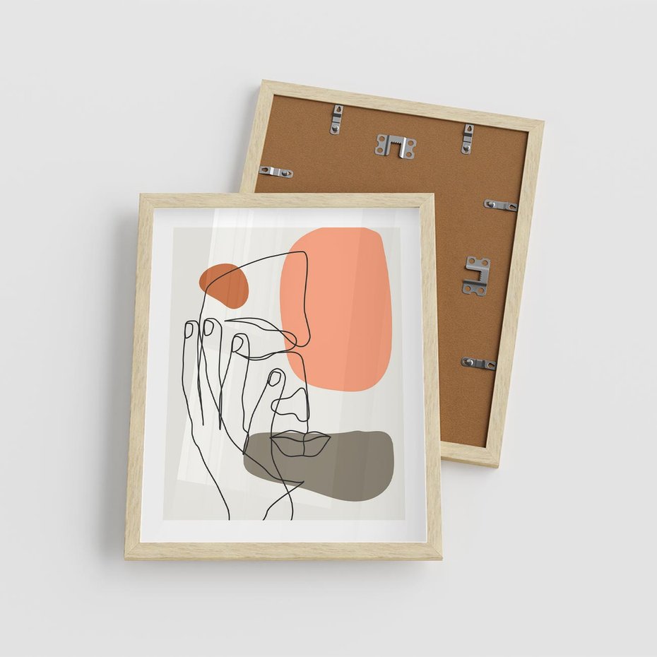 Plakat w ramie 40x50 - Ekspresja Kolorów: Szkic - one line szkic twarzy, kolorowe plamy - rama drewno