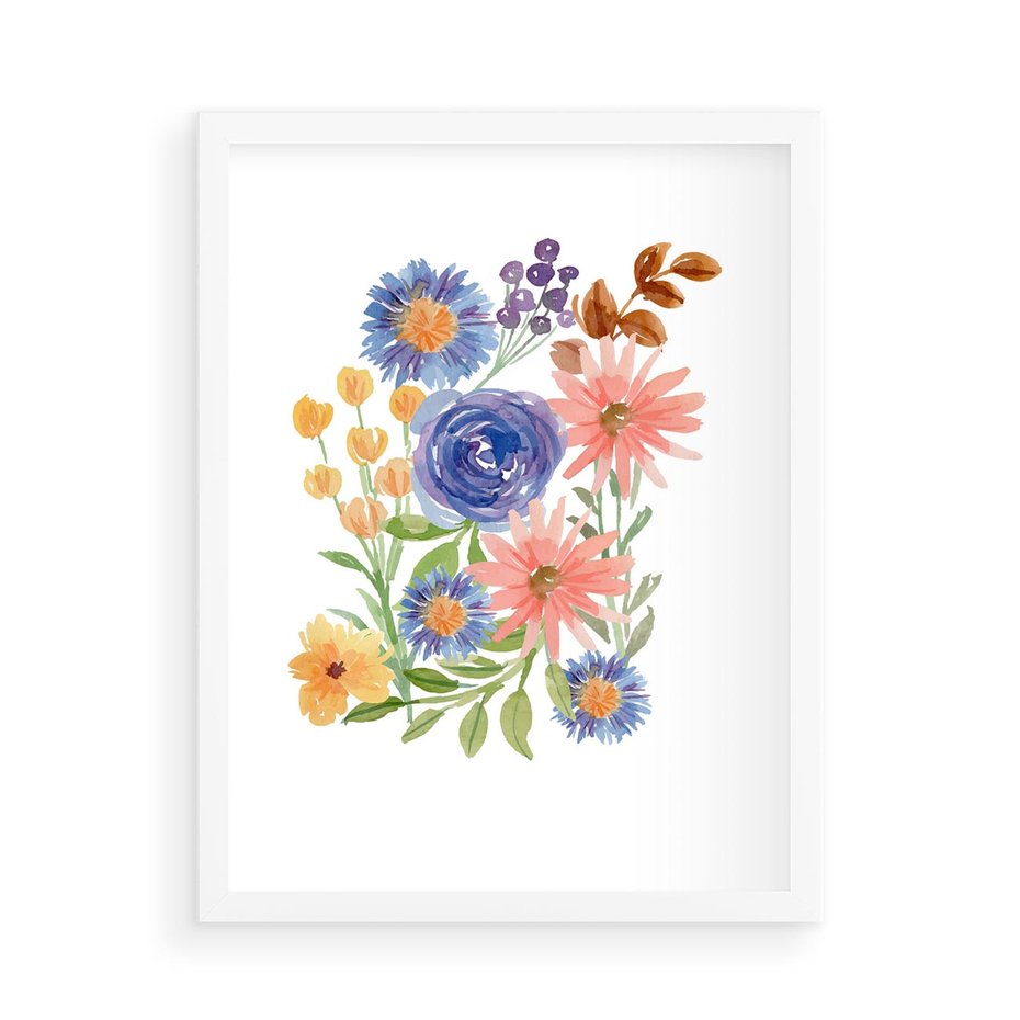 Plakat w ramie 50x70 - Migocące Widoki Kwiatów - akwarelowe polne kwiaty, minimalistyczny plakat - rama biała