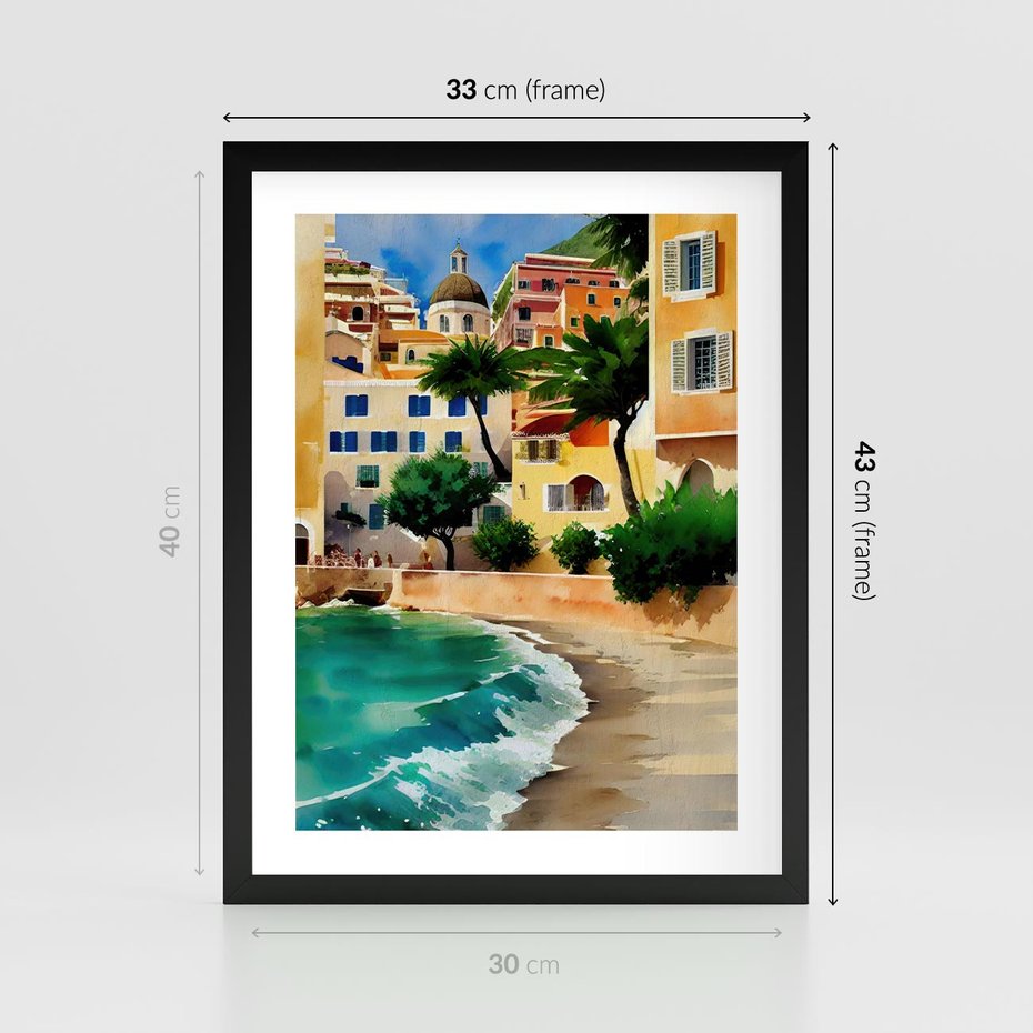 Plakat w ramie 30x40 - Zamieszkajmy Tu - akwarela, śródziemnomorski klimat - rama czarna