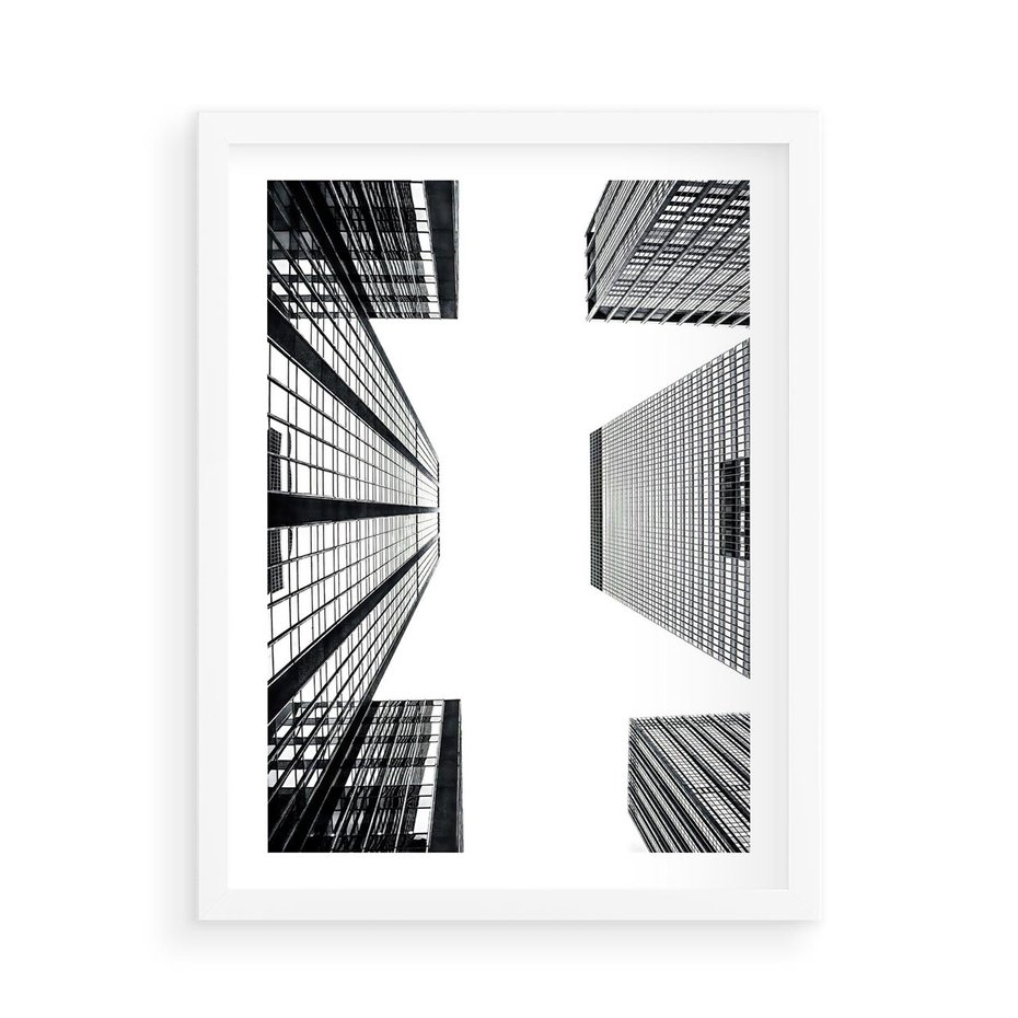 Plakat w ramie 50x70 - Architektoniczna Symetria - architektura, wysoki wieżowiec - rama biała