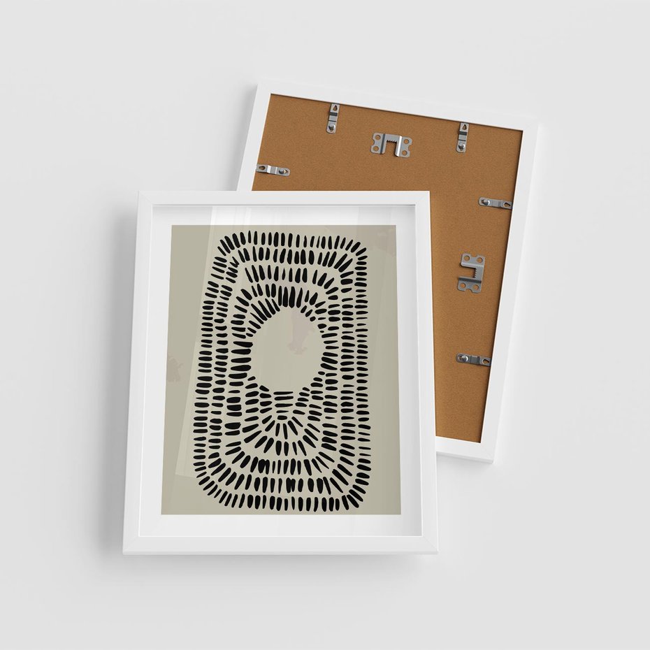 Plakat w ramie 40x50 - Zaklęte Wnętrza - boho plakat, czarne kropki kreski - rama biała