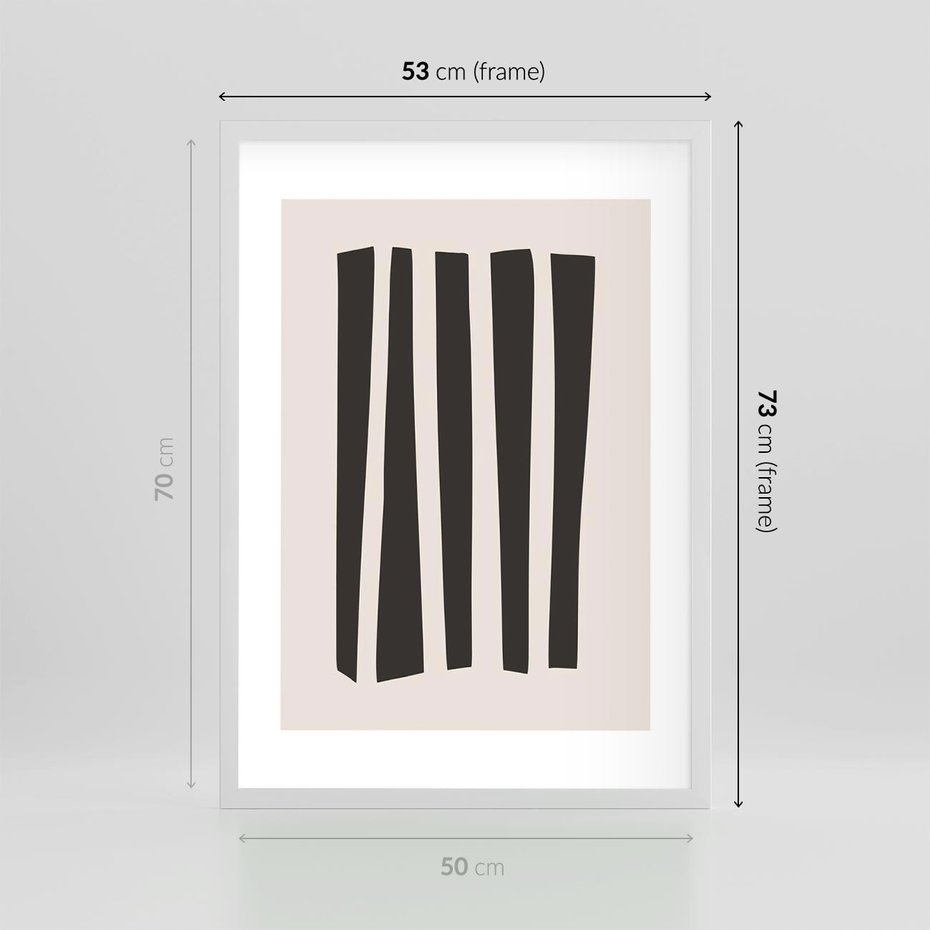 Plakat w ramie 50x70 - Migotliwa Transformacja Form - minimalizm, czarne pasy - rama biała