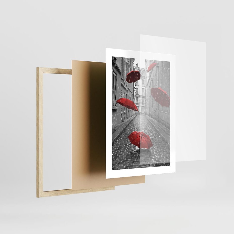 Plakat w ramie 30x40 - Parasole w malowniczej uliczce - parasole, uliczka - rama drewno