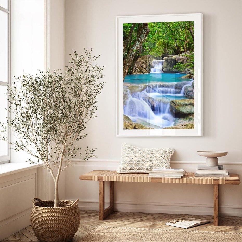 Plakat w ramie 30x40 - Siła Rzeki i Urok Wodospadu - rzeka, wodospad - rama biała