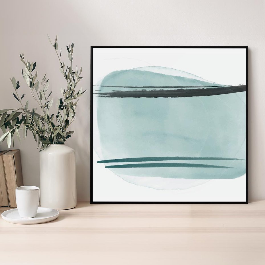 Obraz w ramie 50x50 - Turkusowy Świat - minimlizm, abstrakcja - rama czarna