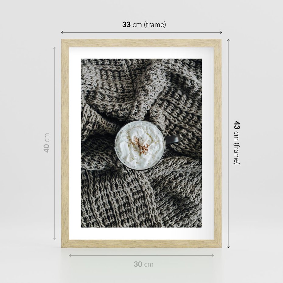 Plakat w ramie 30x40 - Relaks z Kawą i Kocem - ciepły wełniany koc, kawa z bitą śmietaną - rama drewno