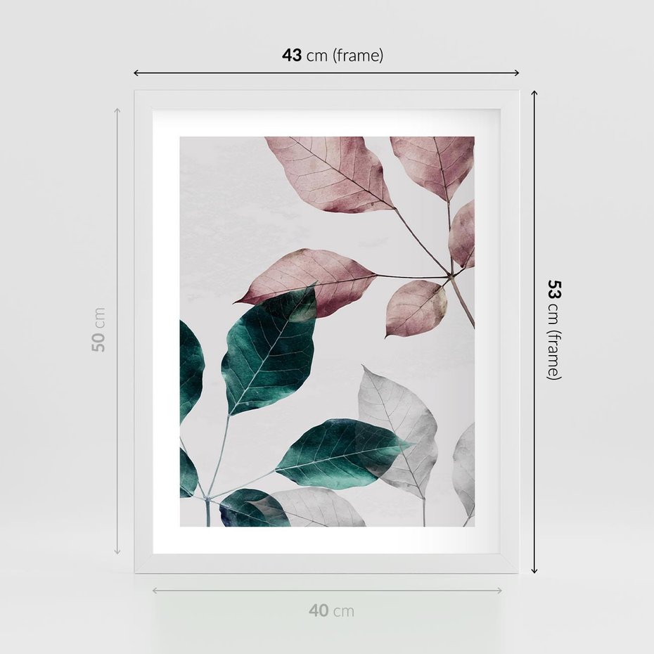 Plakat w ramie 40x50 - Pastelowe Liście w Minimalizmie - pastelowe liście, minimalistyczny obraz - rama biała