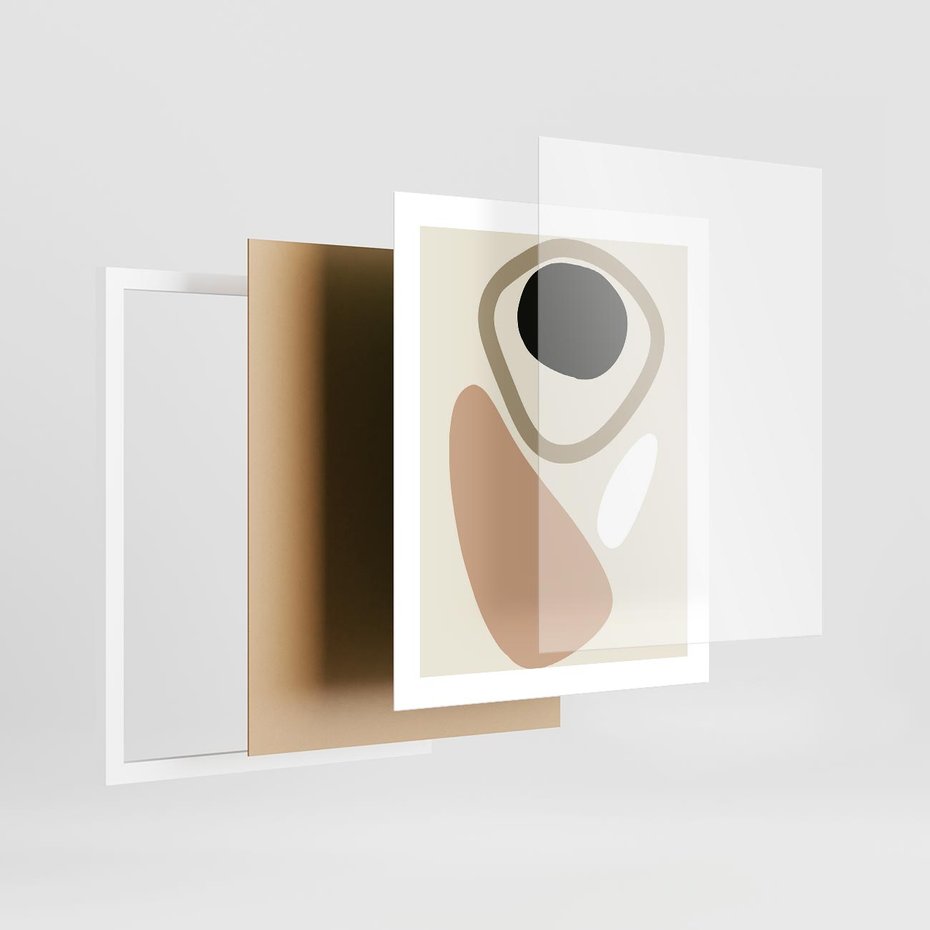 Plakat w ramie 40x50 - Beżowa Synergia - beżowa abstrakcyjna kompozycja, czarny akcent - rama biała