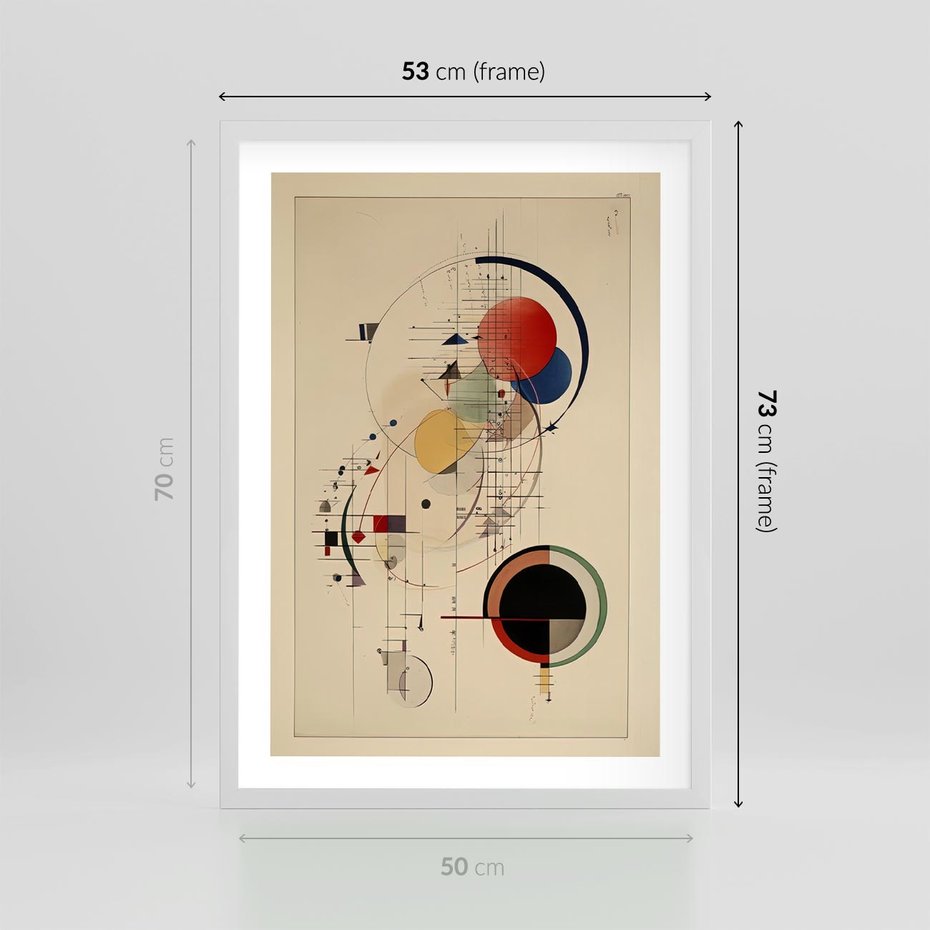Plakat w ramie 50x70 - Impulsy Wydobyte z Cienia - abstrakcyjna geometryczna kompozycja, koła linie - rama biała