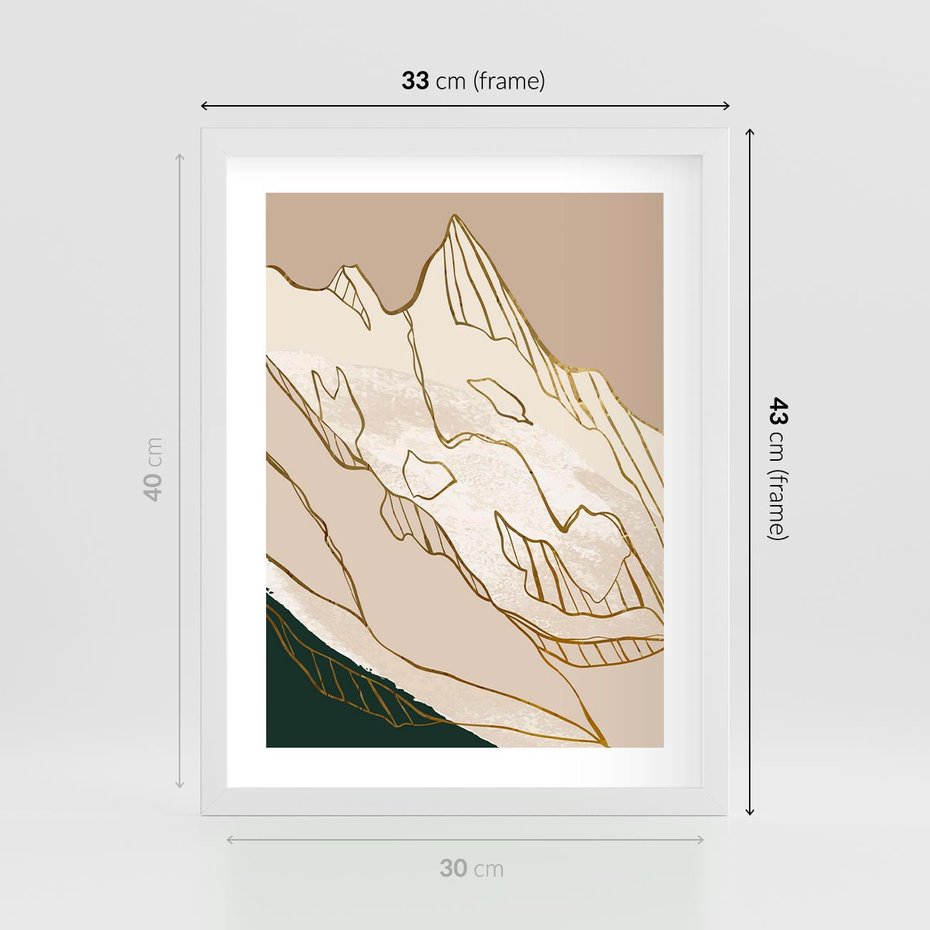 Plakat w ramie 30x40 - Góry w Złocie i Minimalizmie - grafika, złote góry - rama biała