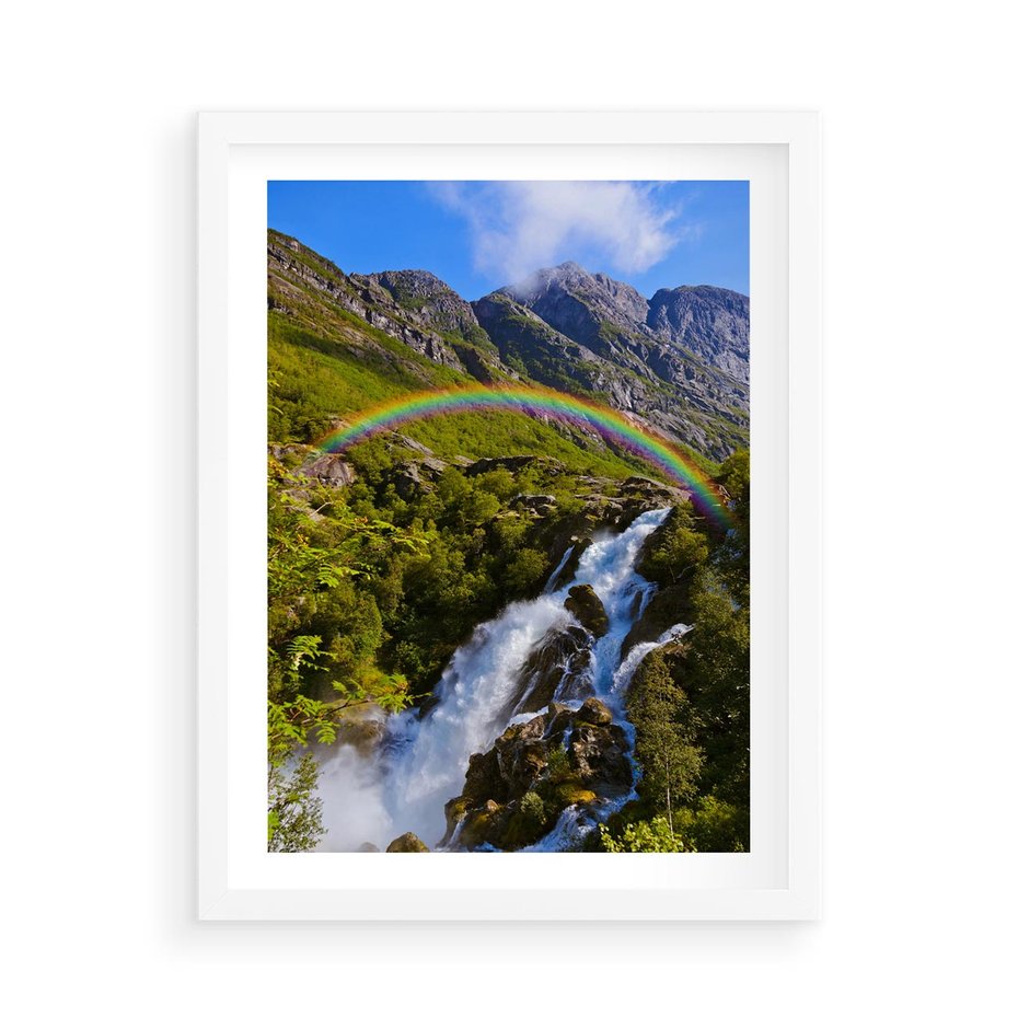 Plakat w ramie 50x70 - Tęczowe góry - harmonia kolorów - tęcza, góry - rama biała