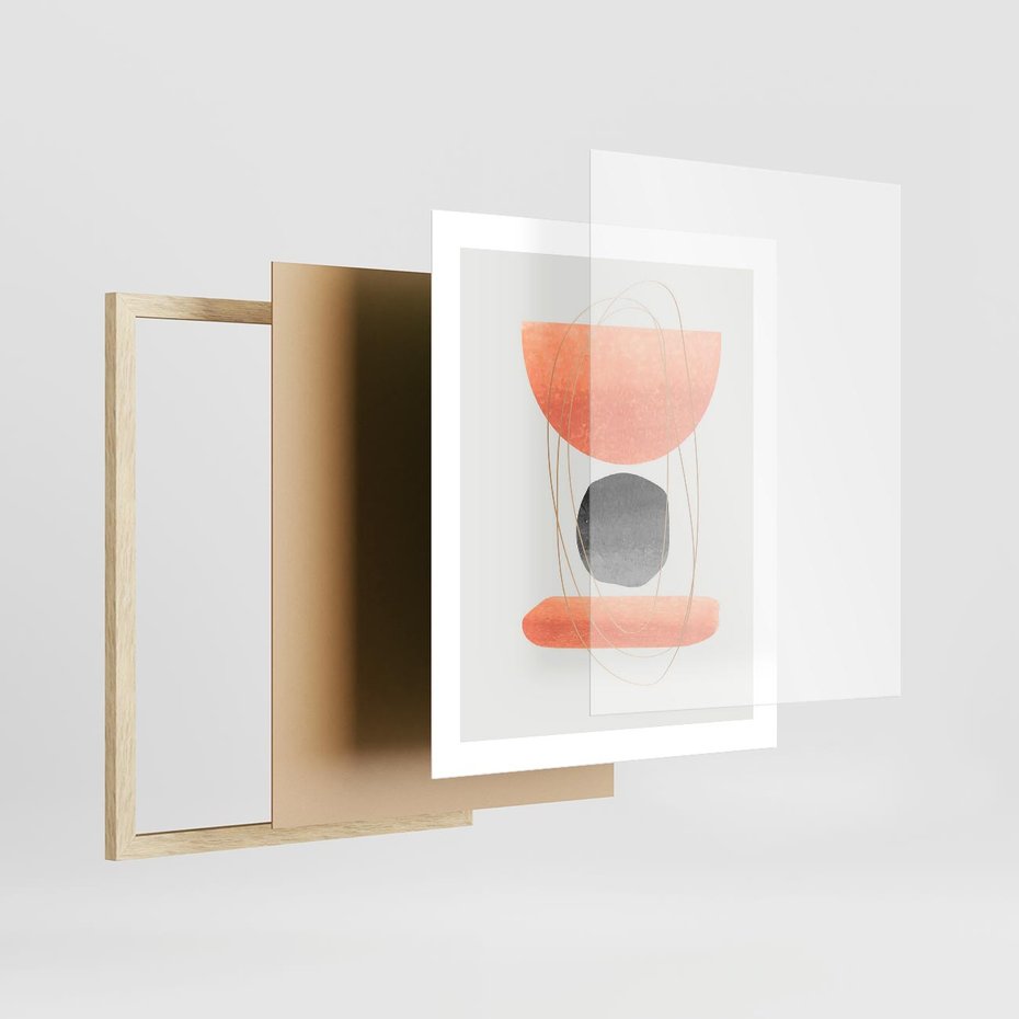 Plakat w ramie 40x50 - Abstrakcyjne Plamy z Złotymi Liniami - abstrakcja, boho plamy - rama drewno