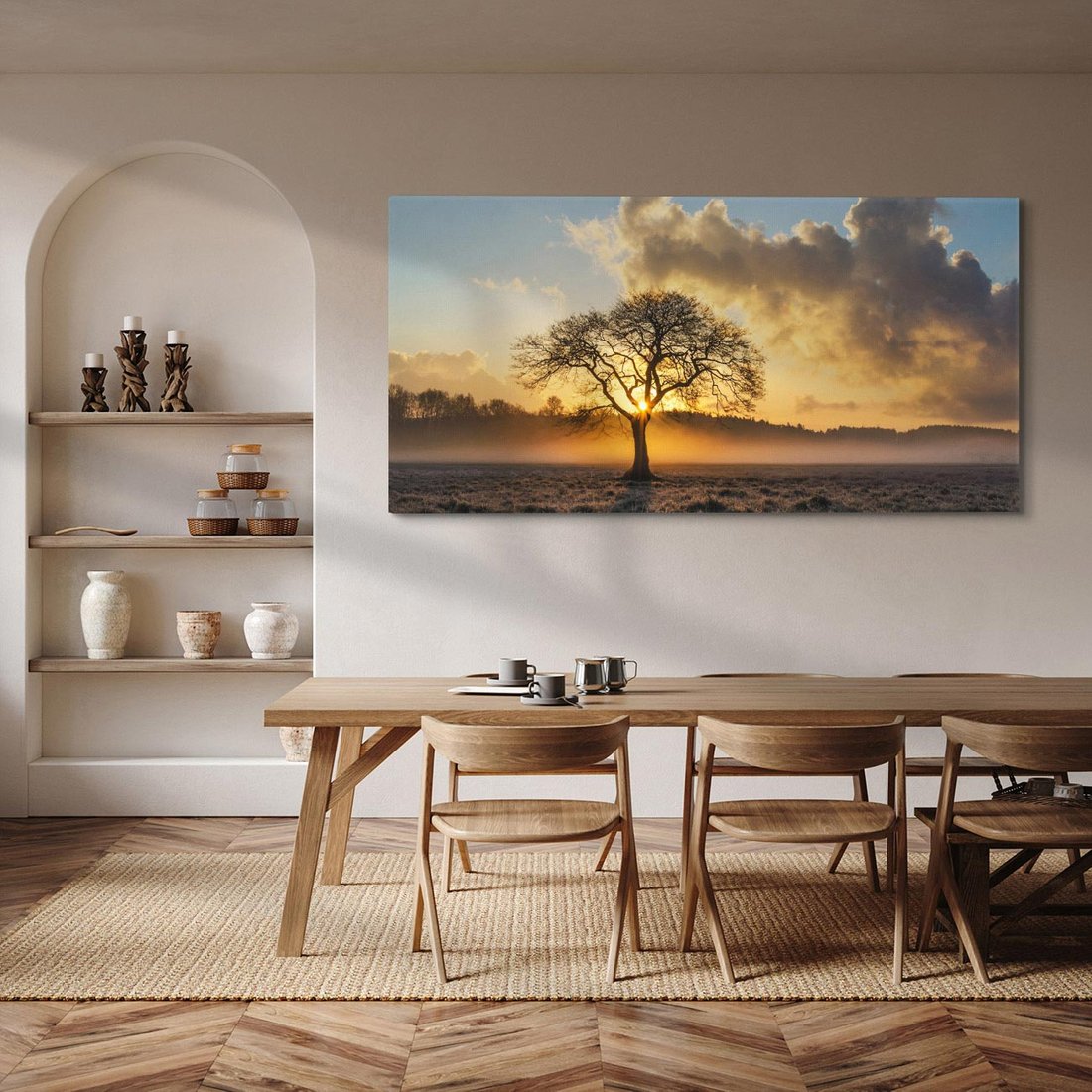 Obraz na płótnie 120x60 - Drzewo w mgle: Piękno jesiennego poranka - drzewo, mgła