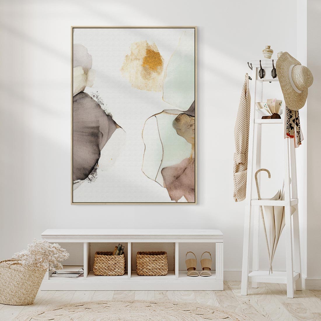 Obraz w ramie 50x70 - Nowoczesne Elegancje - akwarela, złote linie i plamy - rama drewno