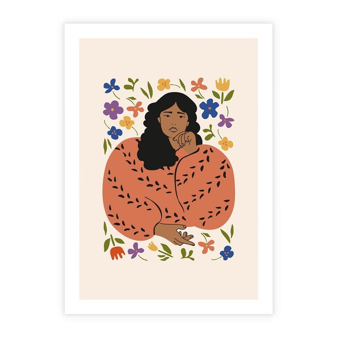 Plakat bez ramy 21x30 - Rozplątane Emocje - nowoczesny plakat, kobieta otoczona kwiatami