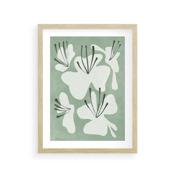 Plakat w ramie 40x50 - Rozkwitające Ukojenie - zgaszona zieleń, kwiaty - rama drewno