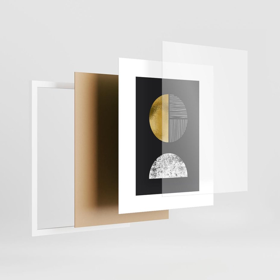 Plakat w ramie 40x50 - Złote Koła i Geometryczne Formy - grafika, modern - rama biała