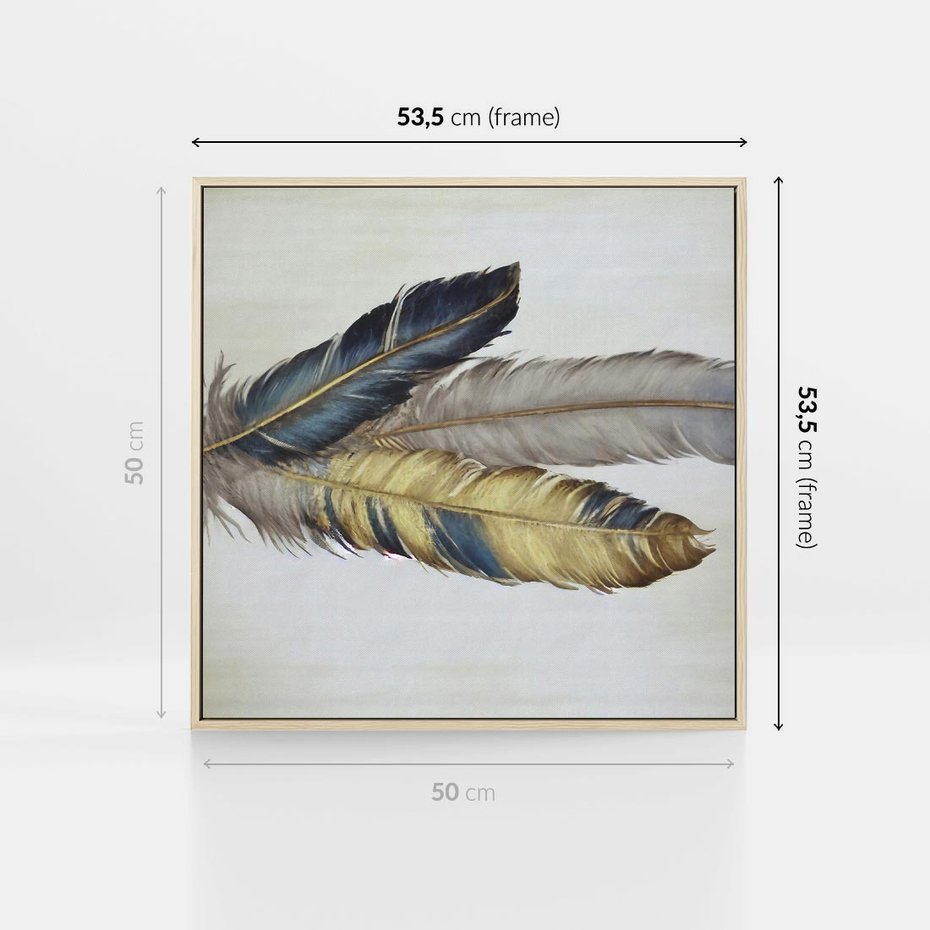 Obraz w ramie 50x50 - Granatowo-Złote Pióra - sztuka, granatowe i złote pióra - rama drewno