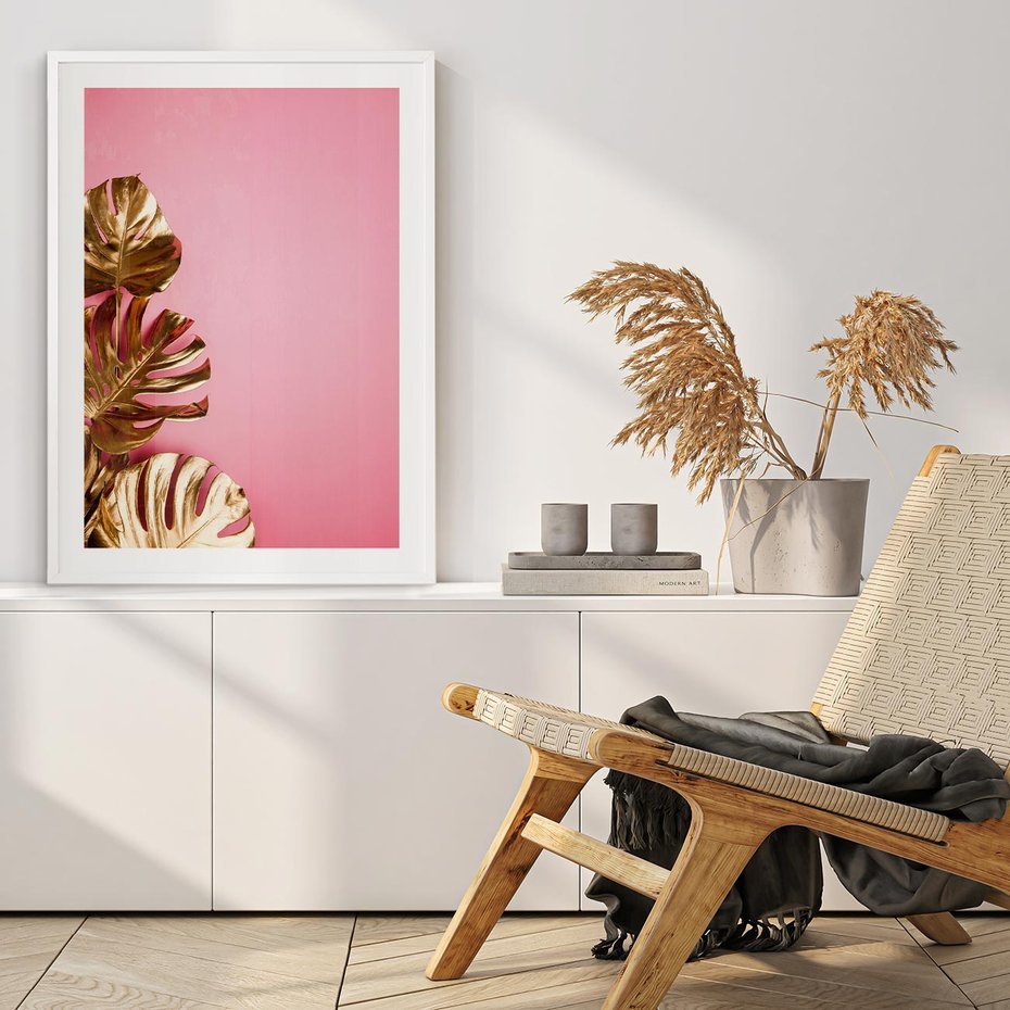 Plakat w ramie 40x50 - Luksusowa Elegancja - złote, liście - rama biała