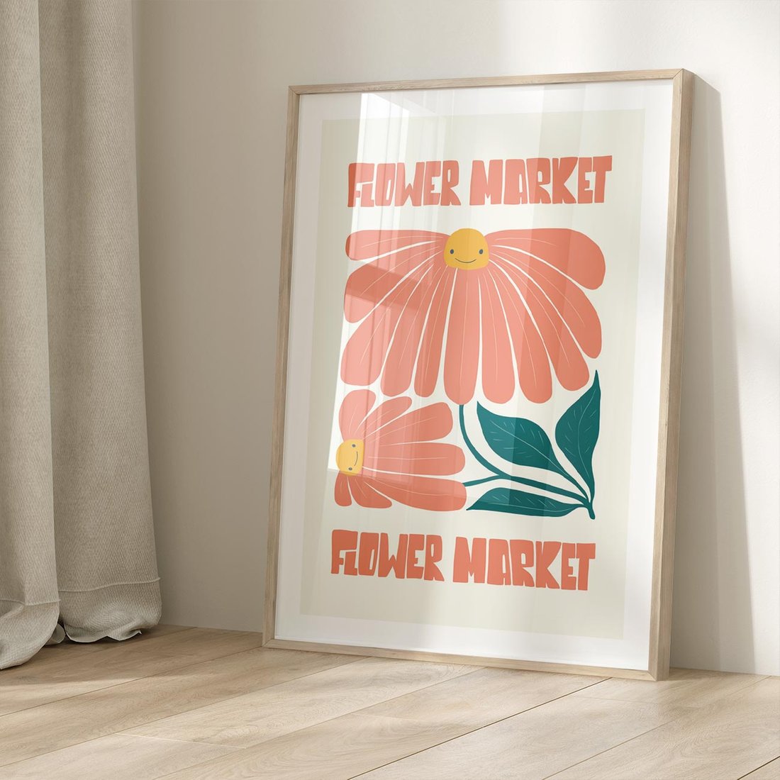 Plakat w ramie 50x70 - Grafika Pełna Radości - wesoła grafika, uśmiechnięte kwiaty - rama drewno