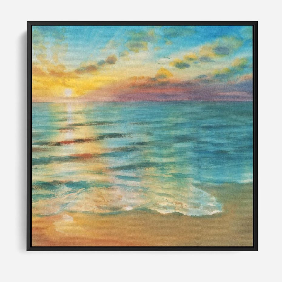 Obraz w ramie 50x50 - Objawienie Fioletowego Świtu - fioletowy wschód słońca, słońce wschodzi nad morzem - rama czarna