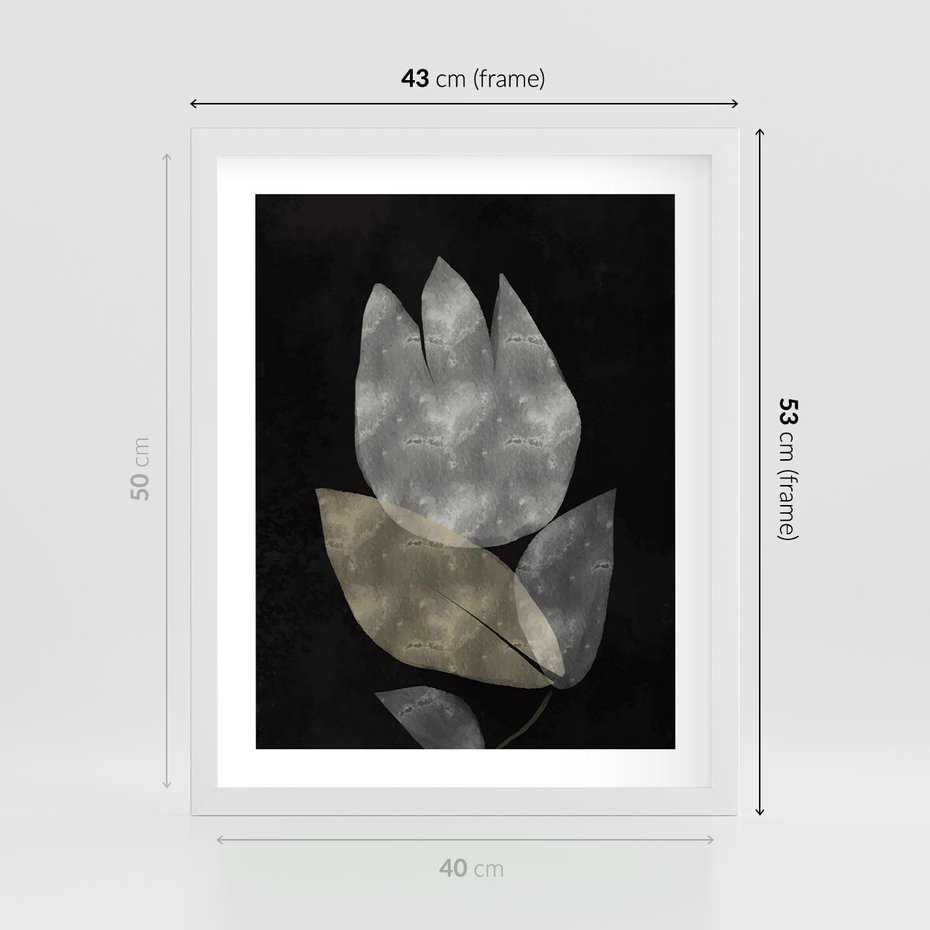 Plakat w ramie 40x50 - Nocne Uniesienia - abstrakcyjny kwiat, mroczna atmosfera - rama biała