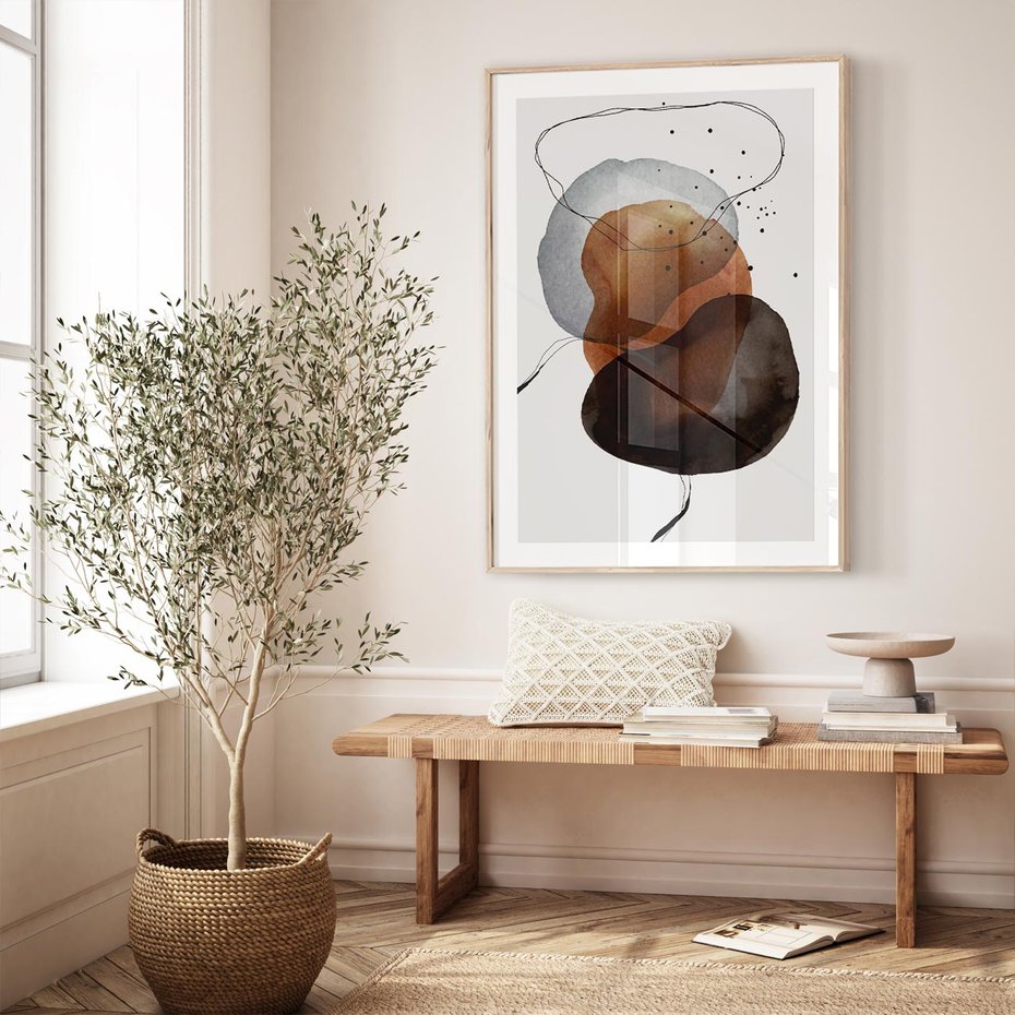 Plakat w ramie 30x40 - Kolorowe Wizje - abstrakcyjne plamy akwarelowe, czarny szkic - rama drewno