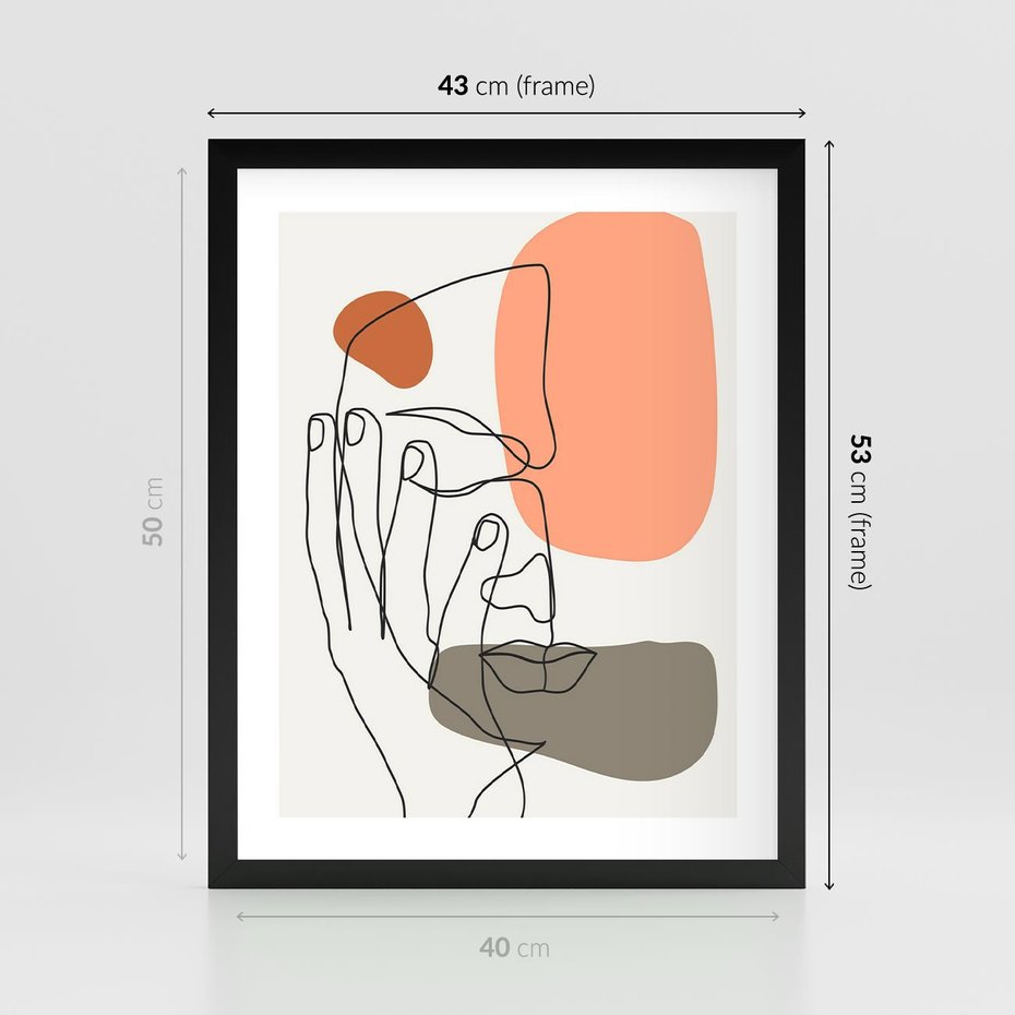 Plakat w ramie 40x50 - Ekspresja Kolorów: Szkic - one line szkic twarzy, kolorowe plamy - rama czarna