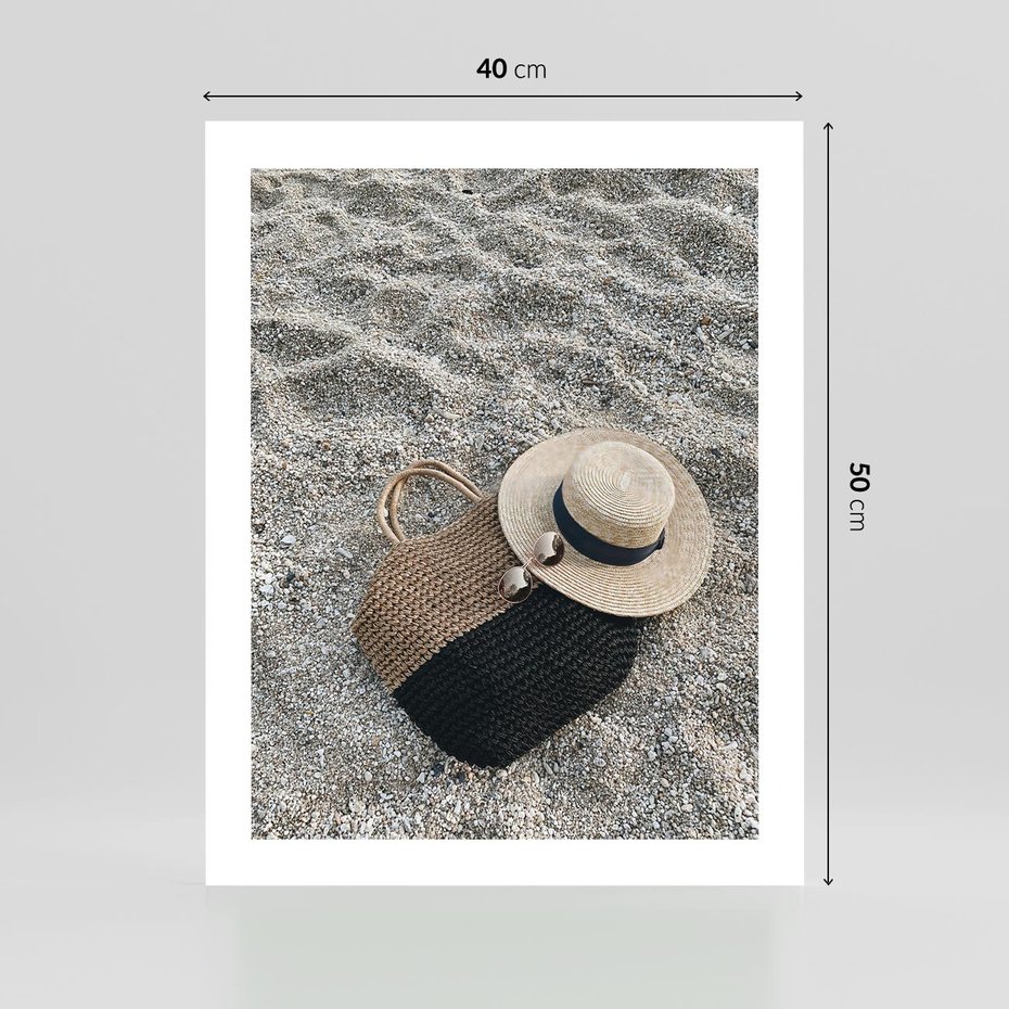 Plakat bez ramy 40x50 - Plażowe Przygotowania - torba plażowa, kapelusz