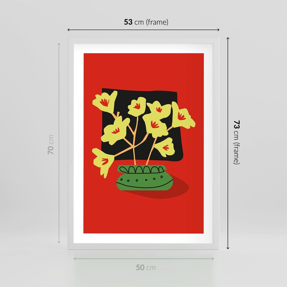 Plakat w ramie 50x70 - Abstrakcyjne Przenikanie - abstrakcyjne kwiaty, czerwone tło - rama biała