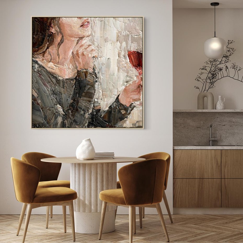 Obraz w ramie 80x80 - Esencja - kobieta wino obraz impresonizm olej na płótnie - rama drewno
