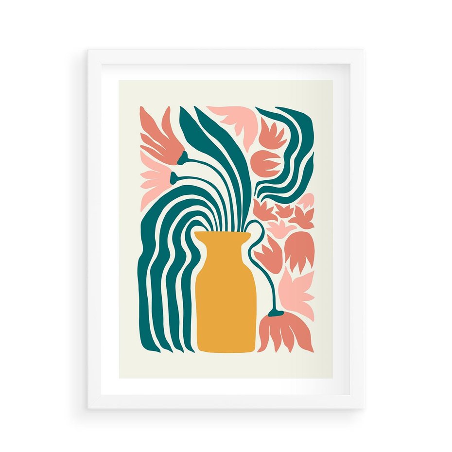 Plakat w ramie 50x70 - Kolorowe Pasmo - abstrakcyjne kwiaty w wazonie, pdastelowe kolory - rama biała