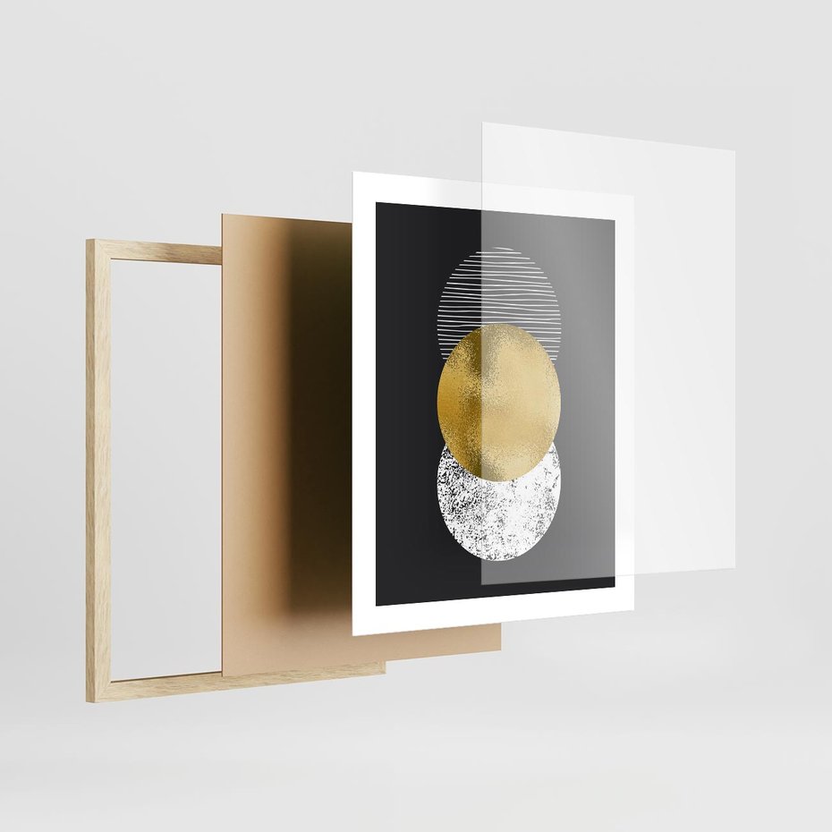 Plakat w ramie 40x50 - Geometryczna Perfekcja: Złote Koło - geometryczna grafika, złote koło - rama drewno