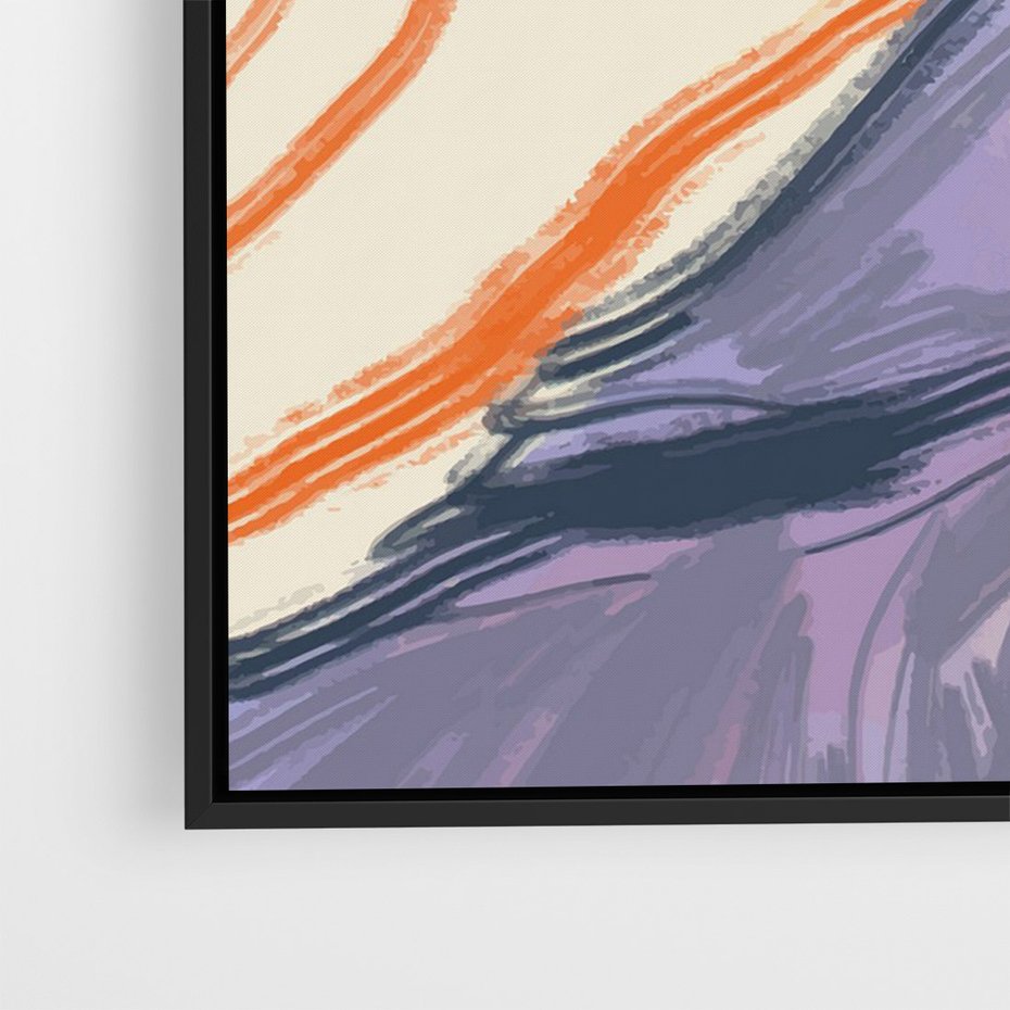 Obraz w ramie 50x70 - Pokreślony Świat - abstrakcyjne formy, odcienie pomarańczu i fioletu - rama czarna