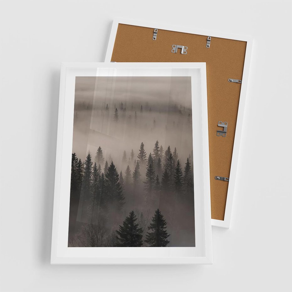 Plakat w ramie 50x70 - Mglista Opowieść Lasu - las, mgła - rama biała