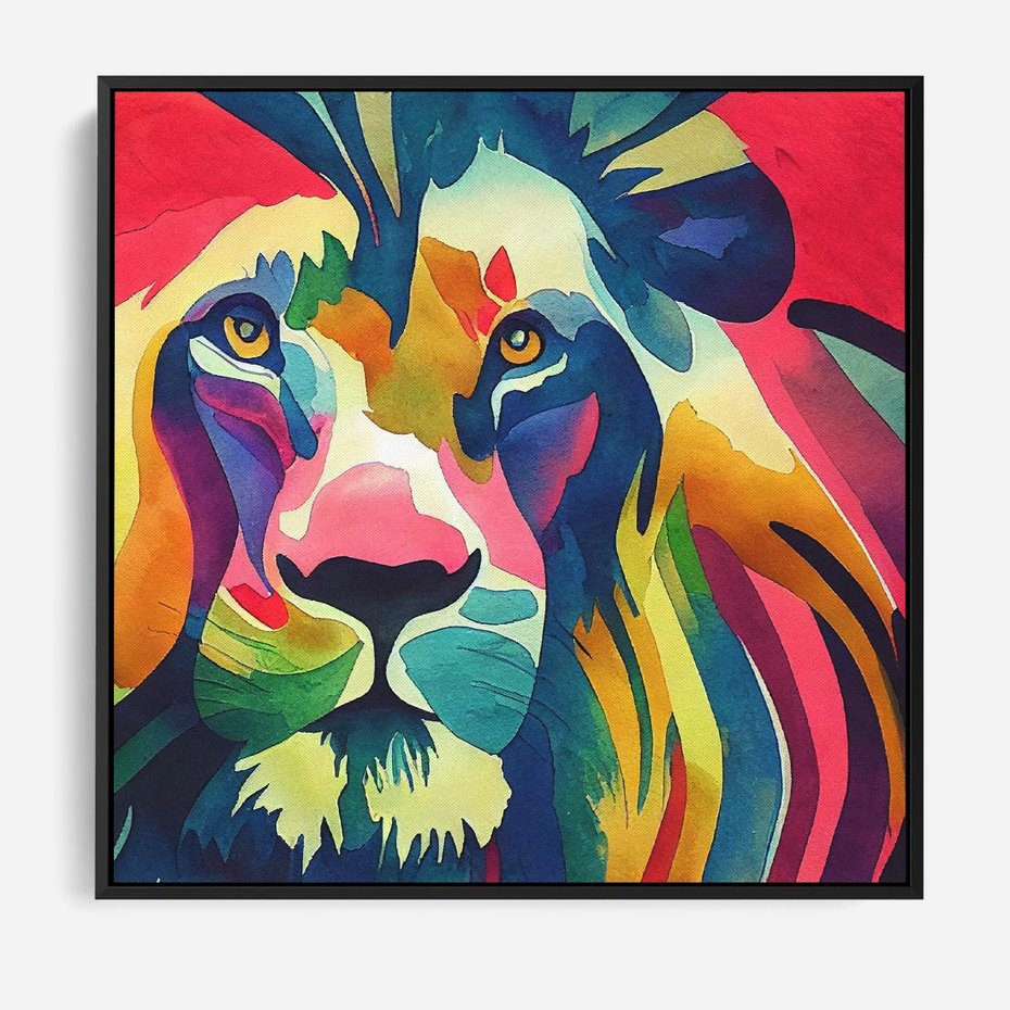 Obraz w ramie 50x50 - Tęczowy Lew - akwarela, tęczowy lew - rama czarna