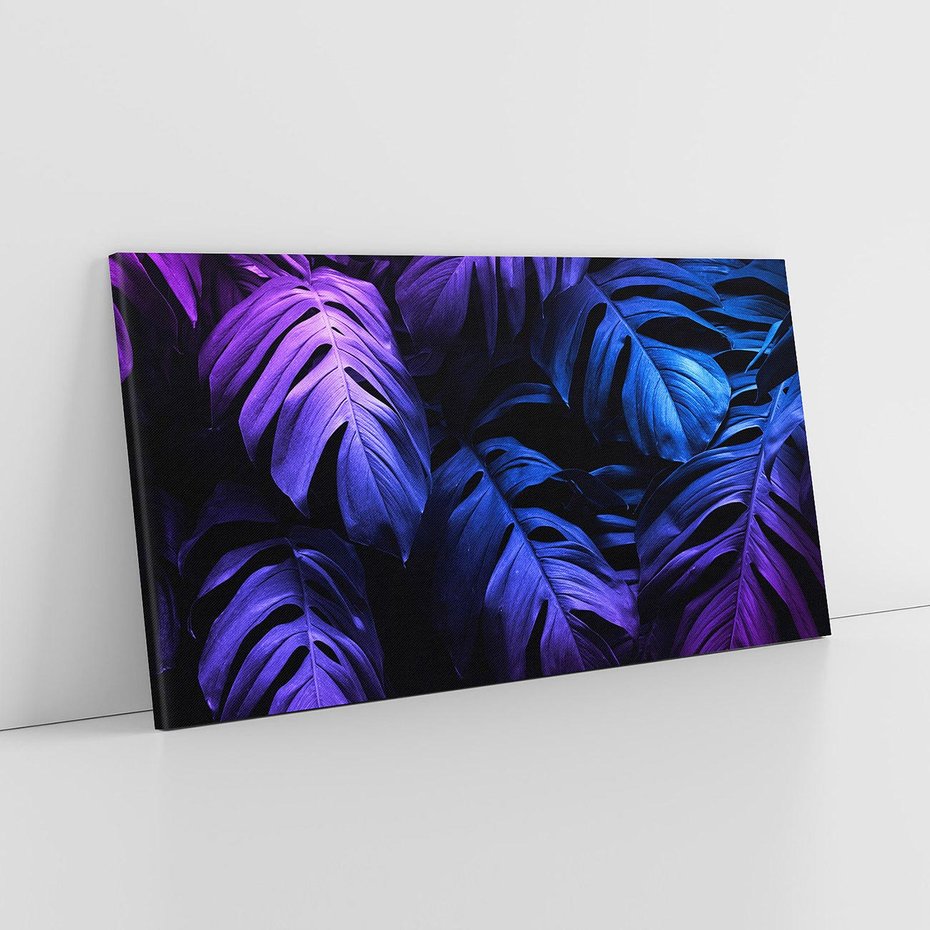 Obraz na płótnie 100x50 - Mroczna Magia Dżungli - mroczna grafika, fioletowe liście monstery na czarnym tle