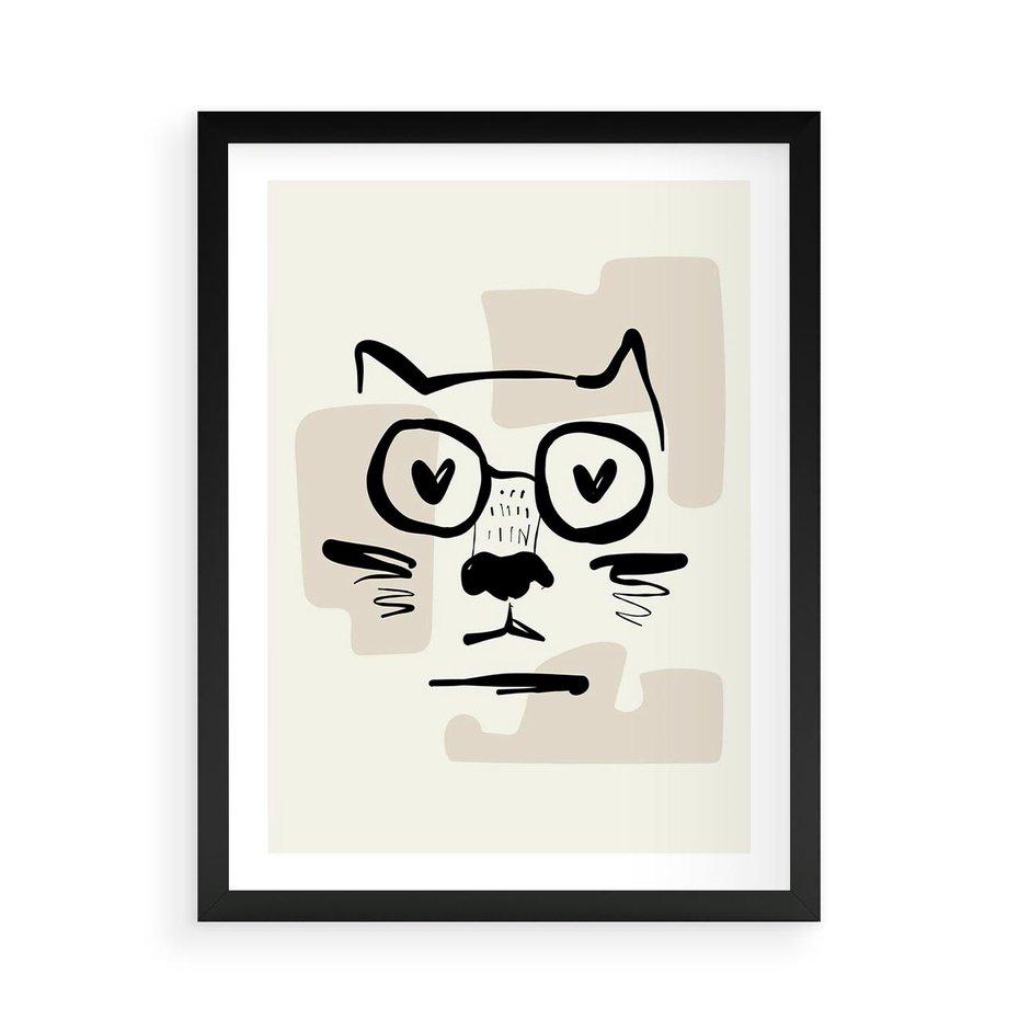 Plakat w ramie 50x70 - Minimalistyczny Kot: Czarna Kreska - kot, grafika - rama czarna