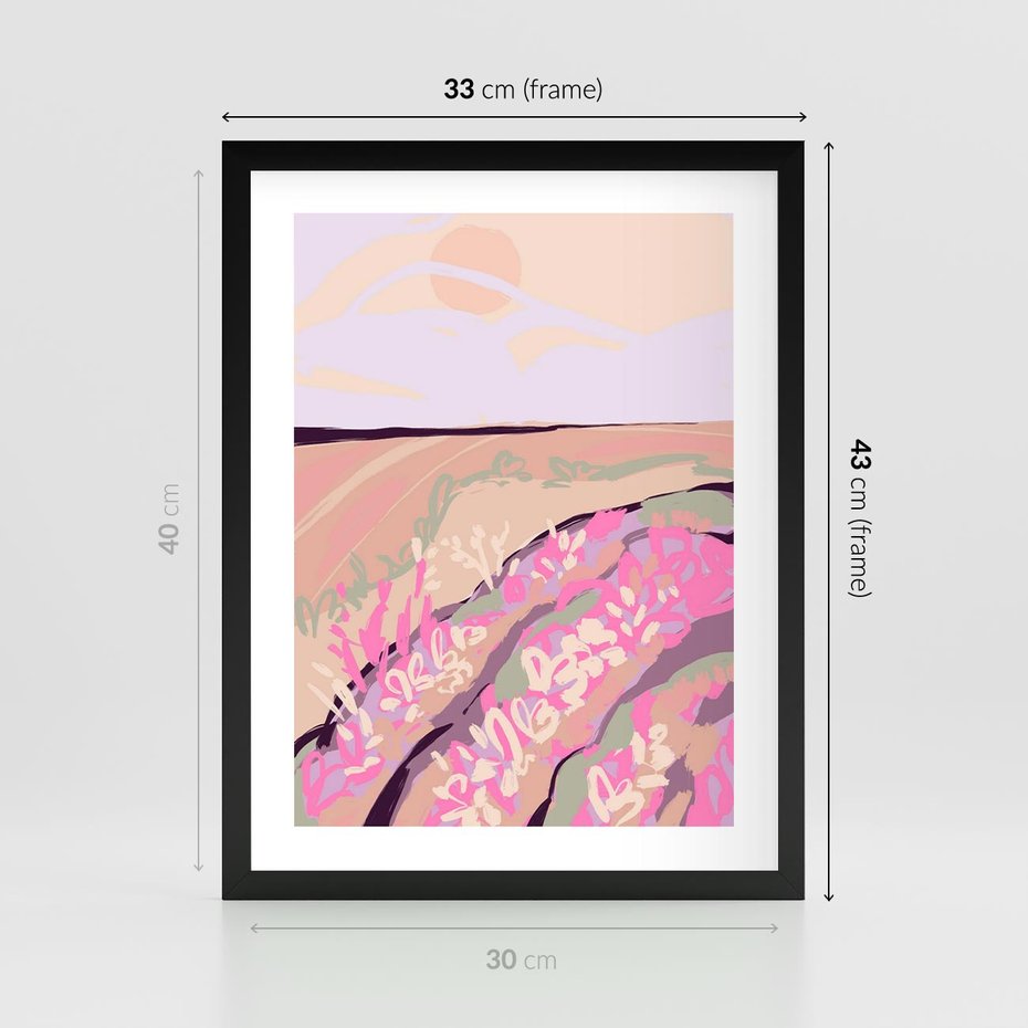 Plakat w ramie 30x40 - Harmonijny Świt - pastelowy krajobraz, nowoczesny plakat - rama czarna