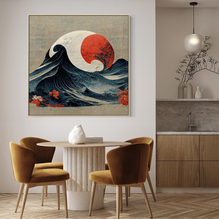 Obraz w ramie 80x80 - Requiem dla marzeń - sztuka japońska, fale oceanu - rama drewno