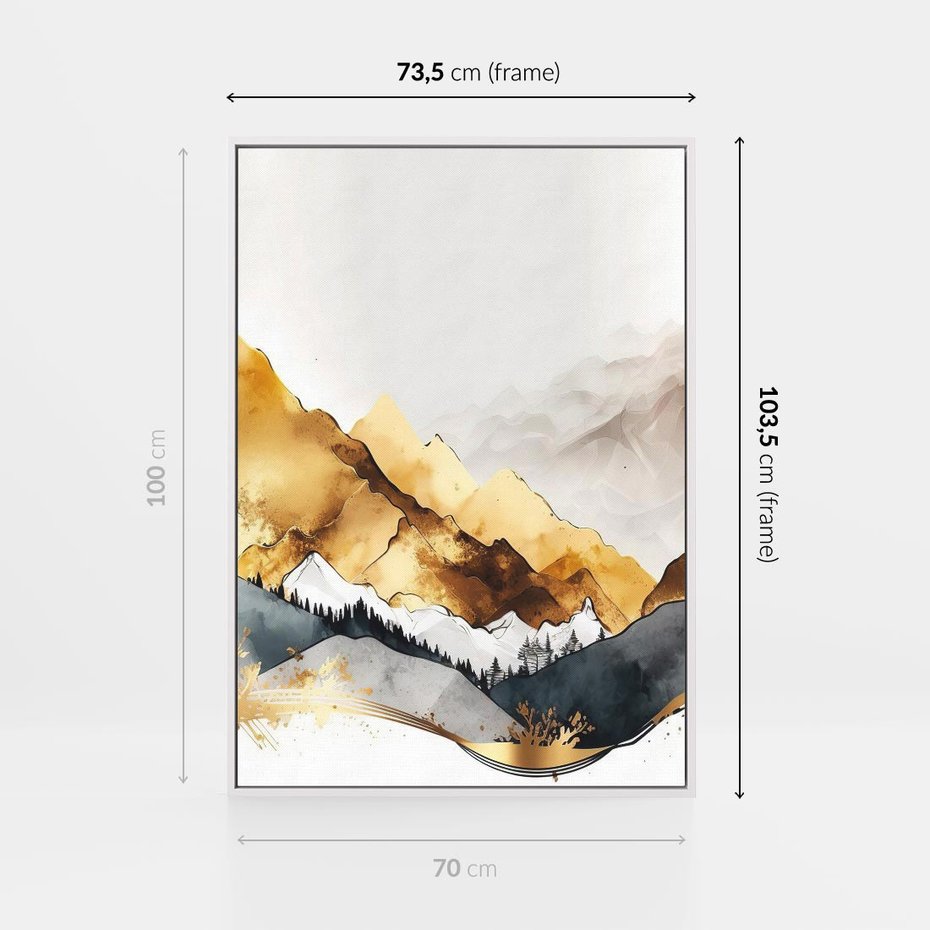 Obraz w ramie 70x100 - Złote Góry - akwarela, graficzne góry - rama biała