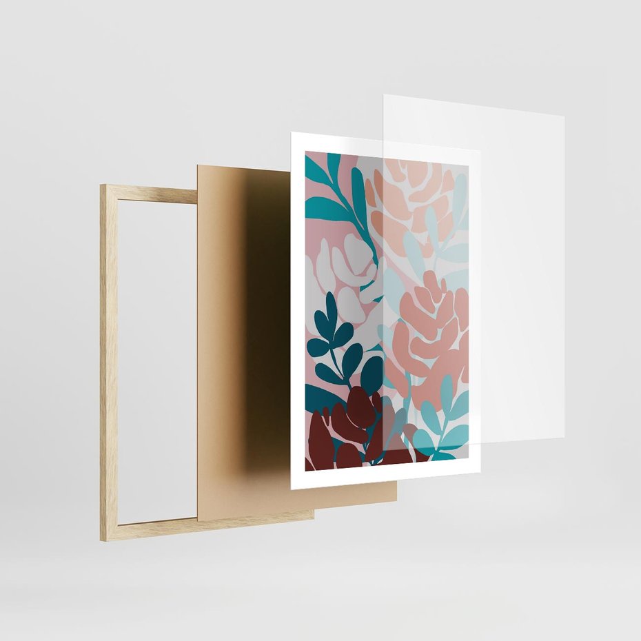 Plakat w ramie 50x70 - Impresje Kształtów - abstrakcyjna kompozycja kwiatowych form, kolor zgaszone - rama drewno