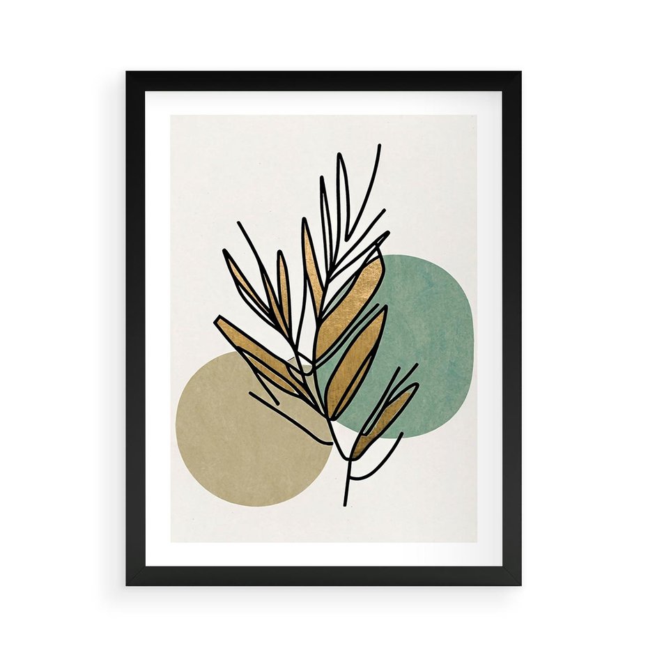 Plakat w ramie 50x70 - Migocące Ścieżki Wizji - abstrakcyjny obraz boho, liście - rama czarna