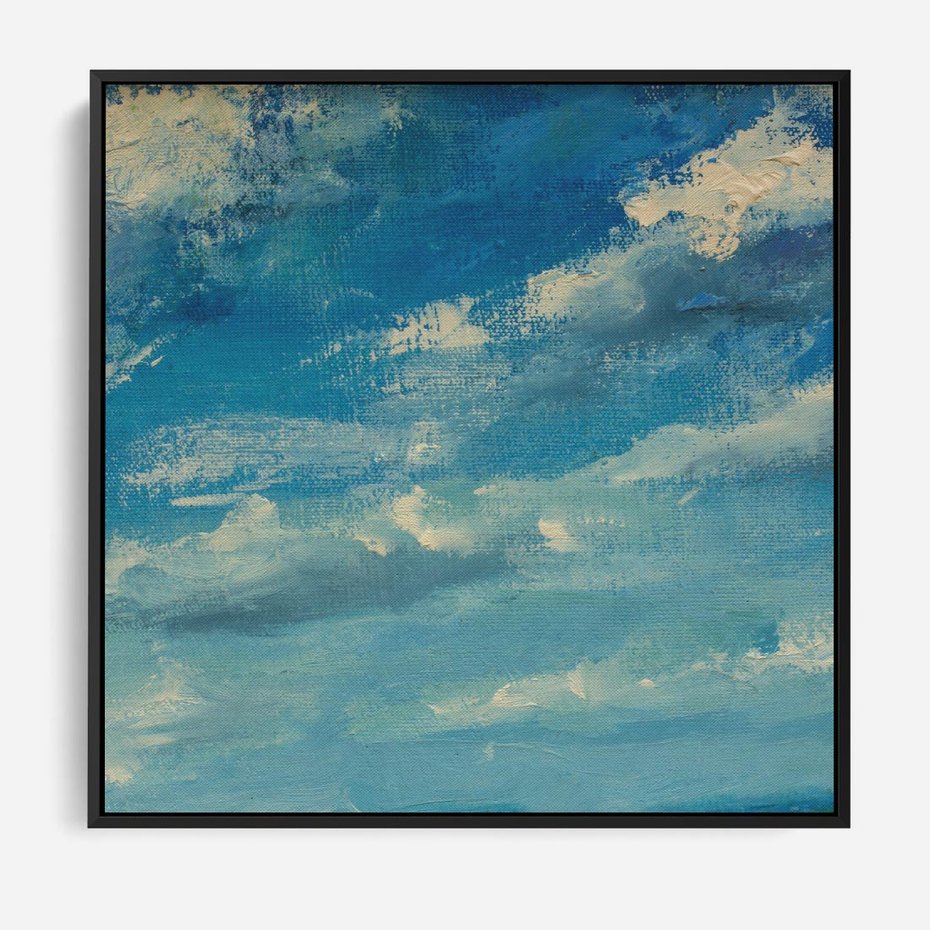 Obraz w ramie 50x50 - Oddechy niebiańskiej materii - olejny obraz, smugi farby przypominają obłoki na błękitnym niebie - rama czarna