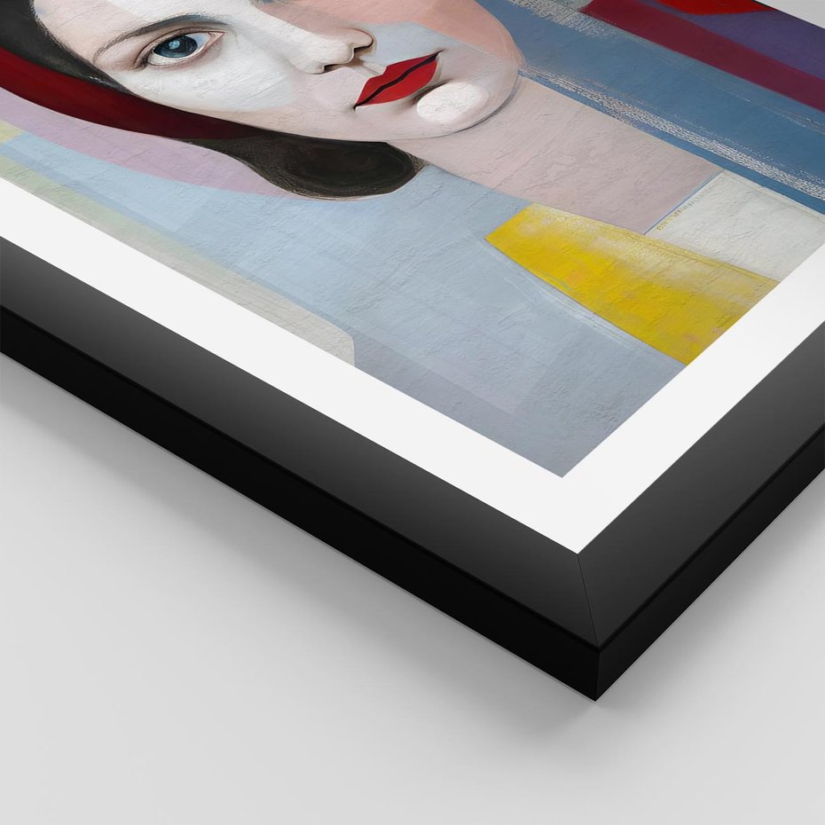 Plakat w ramie 40x50 - Kolorowe Granice Form - abstrakcyjny obraz olejny, portret twarzy kobiety - rama czarna